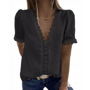 Lugentolo Sommer T-Shirt til Kvinder Blonder Syning V-hals, Korte Ærmer Casual Mode 2020 Ny Solid Polyester Tees Kvinder
