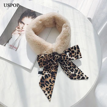 USPOP vinter-tørklæde kvinder tørklæder kvindelige patchwork faux fur chiffon leopard tørklæde kvinder blød varm ring style skærer