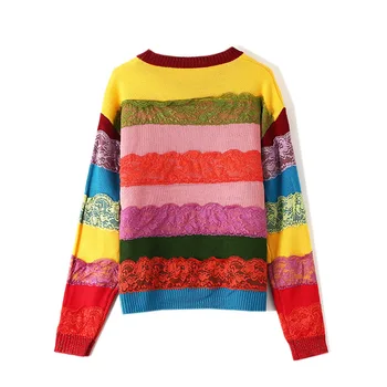 2020 koreanske rainbow sweater kvinder ' s nye efterår og vinter kat broderi splejsning blonder stribe uld strik sæt trend B-087