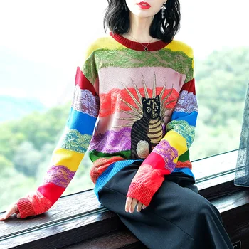 2020 koreanske rainbow sweater kvinder ' s nye efterår og vinter kat broderi splejsning blonder stribe uld strik sæt trend B-087