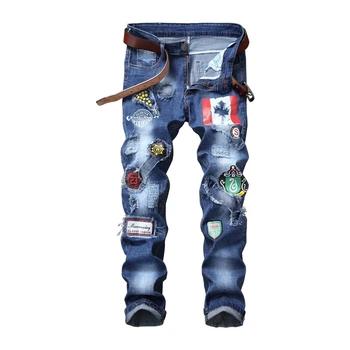 Amerikanske flag Mænds patches design blå denim jeans Huller rippet nødlidende slim straight bukser