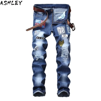 Amerikanske flag Mænds patches design blå denim jeans Huller rippet nødlidende slim straight bukser