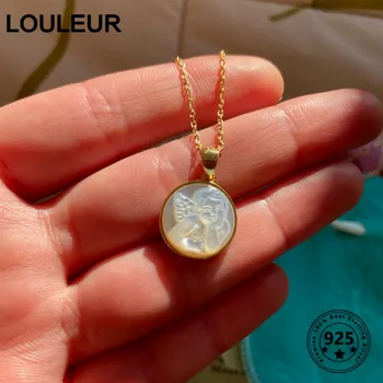 LouLeur 925 Sterling Sølv Shell Angel Baby Vedhæng Guld Oprindelige Runde Western Stil Halskæde Til Kvinder Smykker Gaver