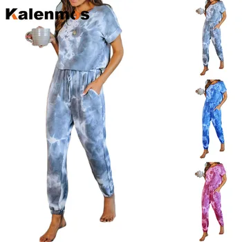 KALENMOS 2 delt Sæt Kvinder Tie Dye Print Homewear Casual Tshirt Biker Lange Bukser Sport Træningsdragt, Nattøj, Pyjamas Lounge Wear