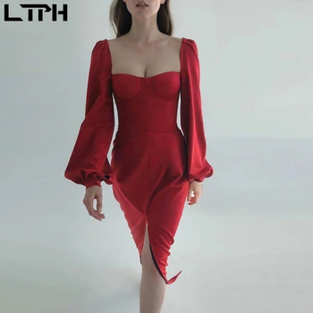 LTPH 2020 Efteråret Nye vintage puff ærmer kjole kvinder sexet Firkantet Krave Backless Simpel Split temperament elegante lange kjoler