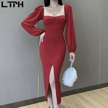LTPH 2020 Efteråret Nye vintage puff ærmer kjole kvinder sexet Firkantet Krave Backless Simpel Split temperament elegante lange kjoler