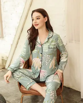 Blomster Trykt To-Delt Pyjamas Kvinder Med Lange Ærmer Elastiske Bukser Kvinder Casual Homewear 2020 Efterår Mode Damer Nattøj