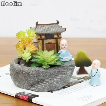 NOOLIM 1stk Buddhisme Tempel Harpiks Urtepotte Saftige Planter Plantning Munk Flower Pot Hjem Garden Decoration Bonsai Flower Pot