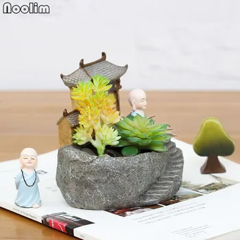 NOOLIM 1stk Buddhisme Tempel Harpiks Urtepotte Saftige Planter Plantning Munk Flower Pot Hjem Garden Decoration Bonsai Flower Pot