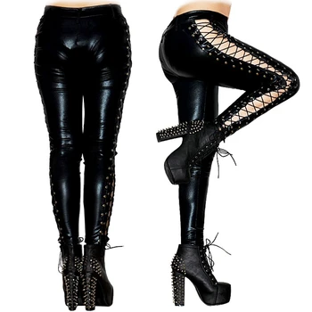 Women Sexy Stretch Lingerie Black Latex PVC Faux Leather Lace Up Leggings Wet Look Club wear high waist pencil Gothic Long Pants