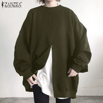 ZANZEA 2021 Fashion Kvinder Crew Neck langærmet Bluse med Lynlås Foran Spalten Pullover Sweatshirt Toppe Casual Solid Baggy Hættetrøjer 5XL