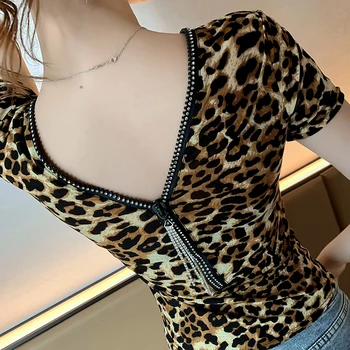 Leopard Skjorte Kvinder, Korte Ærmer Print med V-hals Lynlås Diamanter Backless Toppe Sexet Kort Tees Slanke Elastisk T-shirt Femme T07491W