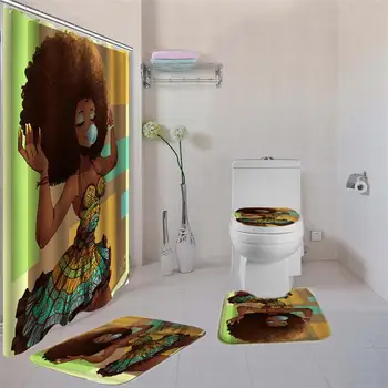 Dafield Badeværelse Gardin Sæt Toilet Pad Cover Bad Tæppe Mat Stof Brusebad Gardin Sæt til Badeværelse Afrikansk-Amerikansk Kvinde