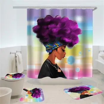 Dafield Badeværelse Gardin Sæt Toilet Pad Cover Bad Tæppe Mat Stof Brusebad Gardin Sæt til Badeværelse Afrikansk-Amerikansk Kvinde