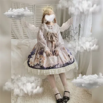 Elegante Prinsesse Søde Lolita Retro Swan Amor Trykt OP Kjole Kawaii Puff Ærmer Cute Bow Lace Trim Flæser Kjole Foråret