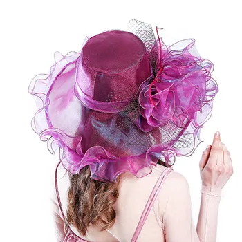 Fashion Sommer Organza Kentucky Derby Hatte Til Kvinder Elegante Laides Kirke Bryllup Bred Store Randen Med Stor Blomst Hat