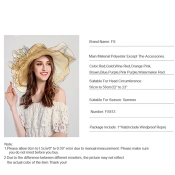 Fashion Sommer Organza Kentucky Derby Hatte Til Kvinder Elegante Laides Kirke Bryllup Bred Store Randen Med Stor Blomst Hat