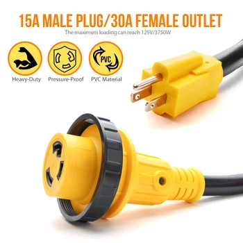 MICTUNING 18ft 15A Mandlige 30A Kvindelige RV Netledningen Tunge Plug-Adapter, 125V med LED-Indikator Lys Twist Lock Tilbehør