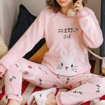 Nye Vinter Flannel Varme Pyjamas Koreanske Kawaii Tegnefilm Pyjamas Sæt Mode Pijama Mujer Fritid Hjem Klud Pyjamas Kvinder Nattøj