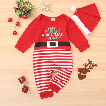Emmababy Nyfødte Baby Tøj Jul Passer til Jul Print Stribet langærmet Romper Buksedragt Hat 2stk Tøj Tøj