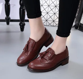 Ægte læder Penny loafers til kvinder oxford sko brogue rund tå kvast slip på damer klæde sko sort blok hæle