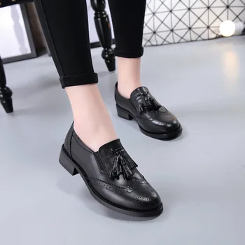 Ægte læder Penny loafers til kvinder oxford sko brogue rund tå kvast slip på damer klæde sko sort blok hæle