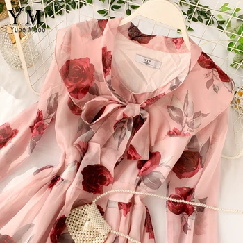 YuooMuoo Romantisk Rose Flower Print Chiffon Kjole Kvinder Bue Bandage Gennemsigtige Kort Festkjole Lang Flare Ærmet Pink Kjole