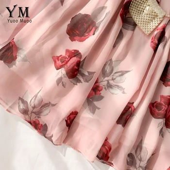 YuooMuoo Romantisk Rose Flower Print Chiffon Kjole Kvinder Bue Bandage Gennemsigtige Kort Festkjole Lang Flare Ærmet Pink Kjole