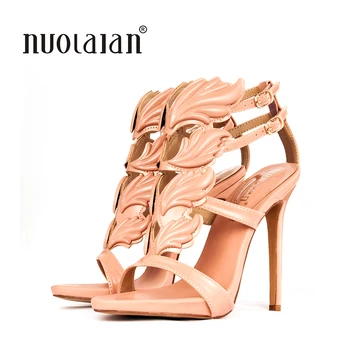 Hot sælg kvinders højhælede sandaler gold leaf flamme gladiator sandal sko part kjole sko kvinde patent læder høje hæle