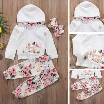 3PCS Søde Casual Baby Buksetrold Piger Bomuld med Lange Ærmer Hooded Pullover Blomstret Print, White Shirt, Toppe, Bukser Hovedbøjle Outfit 0-24M