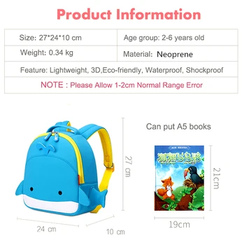 School-rygsæk NOHOO 3D-Tegnefilm Neopren hval skoletasker vandtæt rejse rygsæk til drenge, piger, mini kids tasker skoletaske