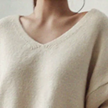 Koreanere Efterår Og Vinter Chic Oversize Sweater Jumper, Pullover, V-Hals Lange Ærmer Kvinder Solid Sort Casual Løs Strikket Toppe I 2020