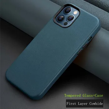 Luksus MagSafe Magnetisk-Ægte Læder Gratis Hærdet Glas Tilfælde Telefonens Cover Til Iphone 12 12pro 12mini 12promax Business HA031