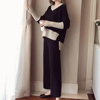 To-delt Sæt 2020 Efteråret Kvinder To delt Sæt Strikkede V-hals Pullover Top Bred Ben Bukser Elastisk Mode koreanske Strik Passer