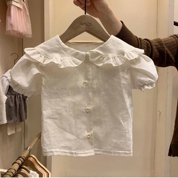 Koreansk Stil 2020 Sommeren Småbørn Piger Bomuld Shirts Flæser Krave Puff Ærmer Baby Børn Toppe Søde Bluser Spædbørn Tøj