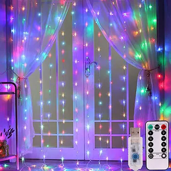 3Mx3M USB-LED Curtain String Lys, Flash Eventyr Garland Fjernbetjening Til nytår Jul Udendørs Indendørs Bryllup Home decor