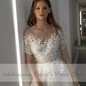 Lakshmigown Prinsesse Brude Kjole 2021 Vestito da Sposa Sexy En Linje Tyl Boho Bryllup Kjoler, Blonder Pynt Korte Ærmer