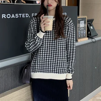 Sweater Kvinder Overdimensionerede Strikket Vinter Tøj Kvindelige Pullover Sweater Dot Plaid Løs Top Koreansk Stil Kvinder Vintage Trøje
