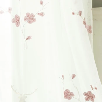 Koreanere Pink Blomster Broderet Tyl Forhæng til stuen Enke Dør Sheer White Gardin til glasskydedøre, Home Decor