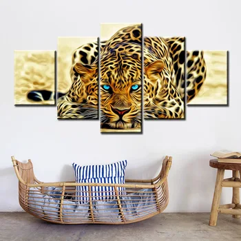 5 Paneler Digital HD-Leopard Print Ser efter Bytte Dyr Abstract Olie Maleri på Lærred Væg Kunst Billede til stuen Sofa