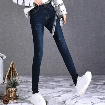 Stretch Jeans Kvinde Bomuld Vinter Varm Fleece Bukser Med Høj Talje Tynde Mode Blyant Jeans Denim Casual Leggings Udvidet Længde