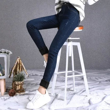 Stretch Jeans Kvinde Bomuld Vinter Varm Fleece Bukser Med Høj Talje Tynde Mode Blyant Jeans Denim Casual Leggings Udvidet Længde