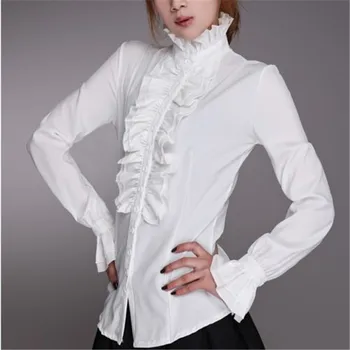 2021 Koreansk Stil Kvinder Victorianske Kontor Bluse Flare Ærmet Shirt Med Høj Hals Flæsekanter Efterår Og Vinter Tøj Ladie Tendenser Bluse