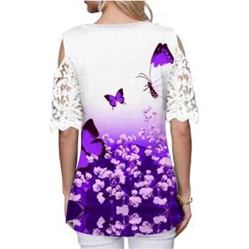 Kold Skulder Kvinders Bluse Shirt Lace Ærme Blomster Og Sommerfugl Print-Toppe-Shirt Dame Elegant Efteråret Tøj Kvindelige Tee Top