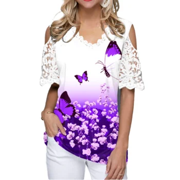 Kold Skulder Kvinders Bluse Shirt Lace Ærme Blomster Og Sommerfugl Print-Toppe-Shirt Dame Elegant Efteråret Tøj Kvindelige Tee Top