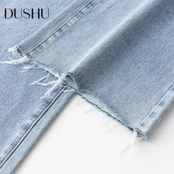 DUSHU Plus size blå høj talje og lækre jeans Kvinder frynse kvast vintage denim bukser Kvindelige afslappet oversize kærester jeans