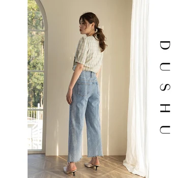 DUSHU Plus size blå høj talje og lækre jeans Kvinder frynse kvast vintage denim bukser Kvindelige afslappet oversize kærester jeans