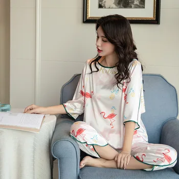 Satin 2STK Sove Sæt Nattøj, Pyjamas, der Passer Udskrive Nattøj Bløde Intime Lingeri Kvindelige ordinære Kimonoer Morgenkåbe Kjole Homewear