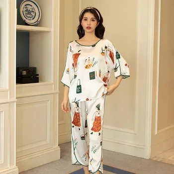 Satin 2STK Sove Sæt Nattøj, Pyjamas, der Passer Udskrive Nattøj Bløde Intime Lingeri Kvindelige ordinære Kimonoer Morgenkåbe Kjole Homewear