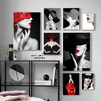 Red Hat Sexet Model Pige Væg Kunst, Lærred Maleri Sort Hvid Nordiske Plakater Og Prints Væg Billeder Til Stuen Wall Deco -